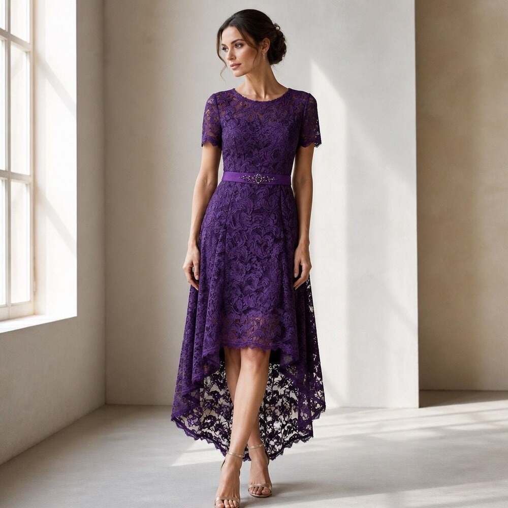 Adrianna Papell Women's Purple Lace Hi-Lo Occasion Dress with Beaded Sash 14W